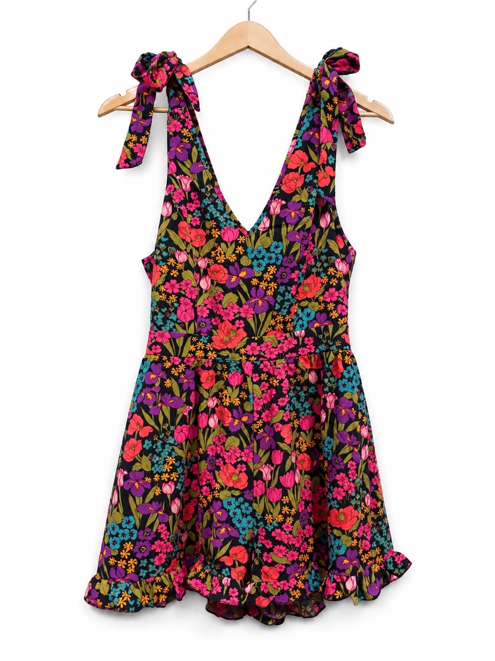 NWOT Floral Tie Shoulder Romper | Size Small | Ruffle Hem